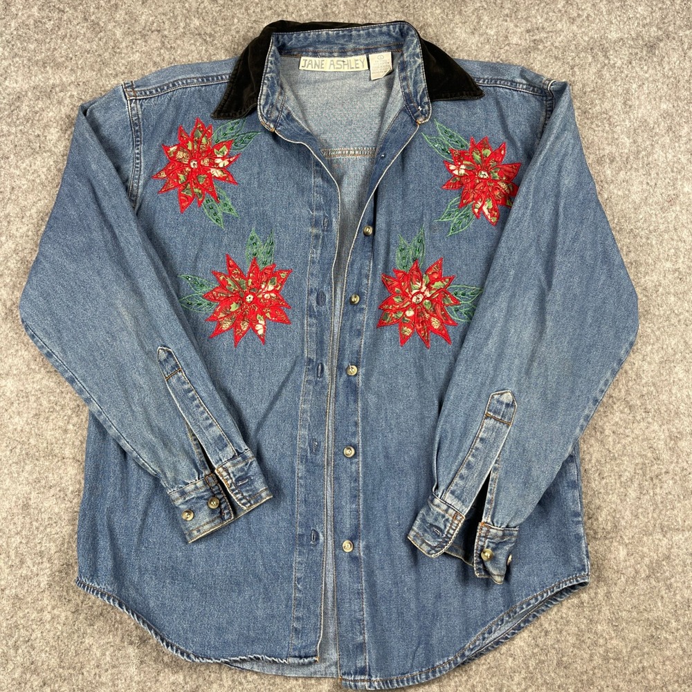 Jane‎ Ashley Denim Button Down Shirt Floral Applique Velvet Collar Size S